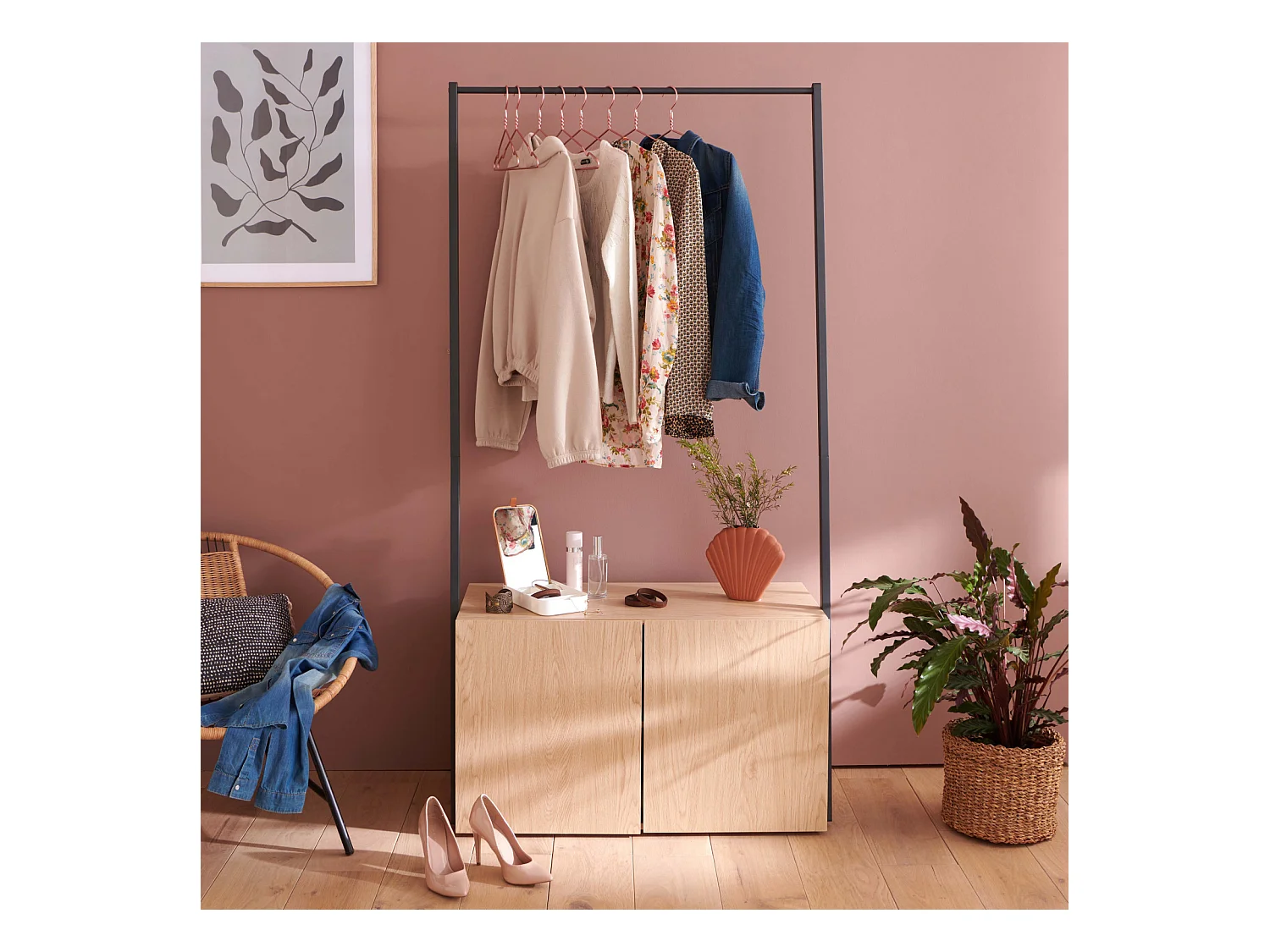 Portant vêtements bois et métal 90x175cm - avec rangement fermé