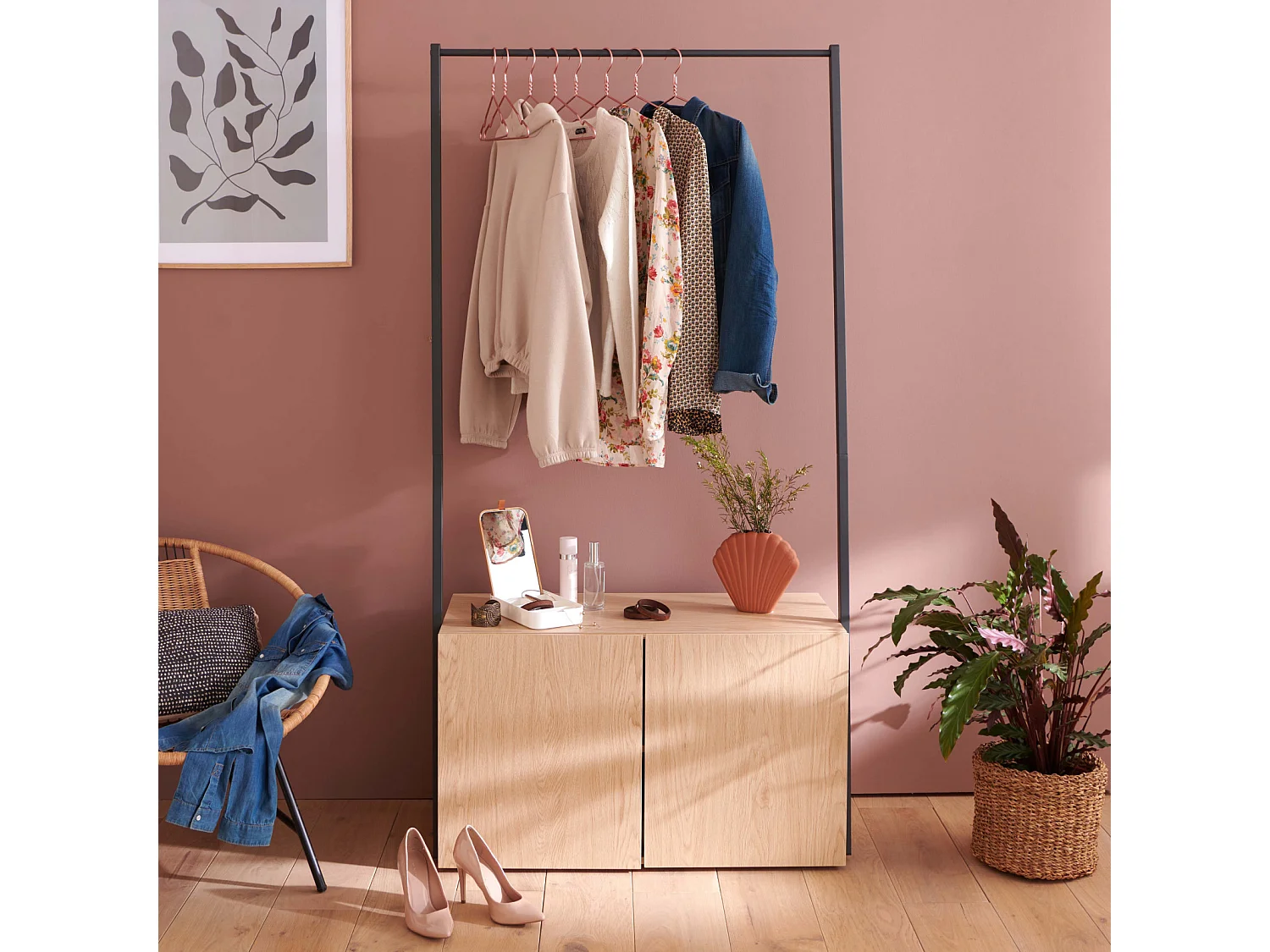 Portant vêtements bois et métal 90x175cm - avec rangement fermé