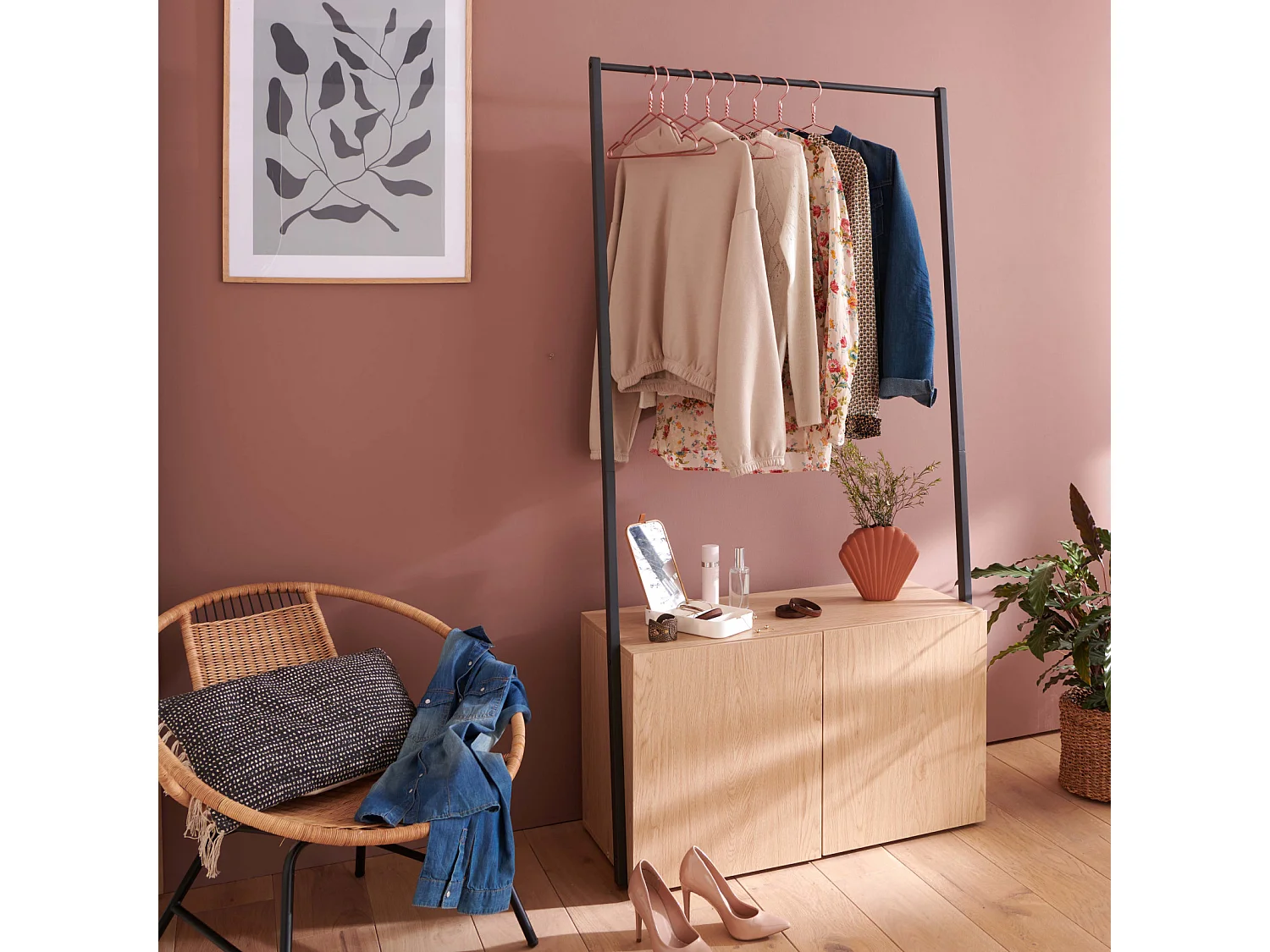 Portant vêtements bois et métal 90x175cm - avec rangement fermé