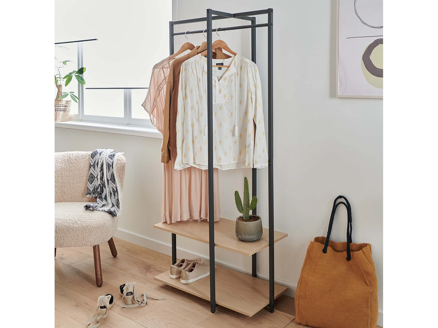 Portant vêtements en bois et métal noir 80x165cm