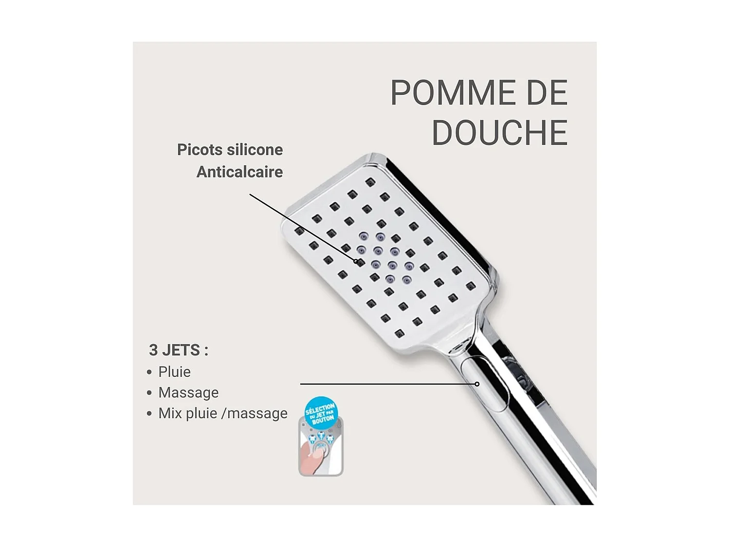 Douchette chromée rectangulaire 3 jets ELOA