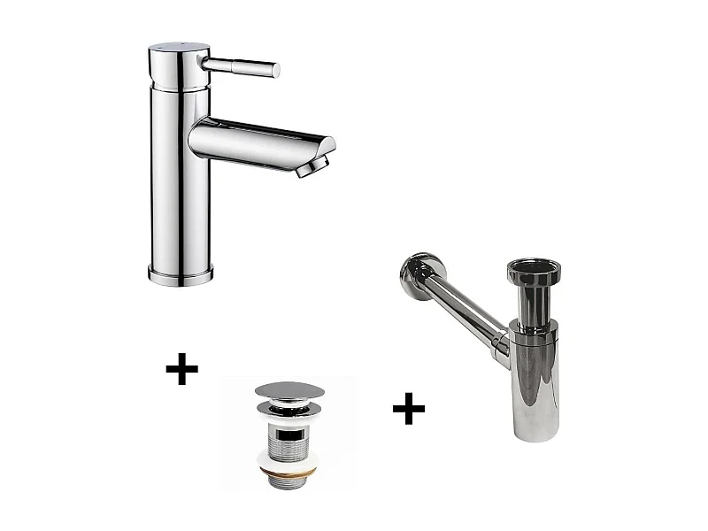 Robinet bec bas chromé TAP + bonde avec trop plein CLINT + siphon SIMON