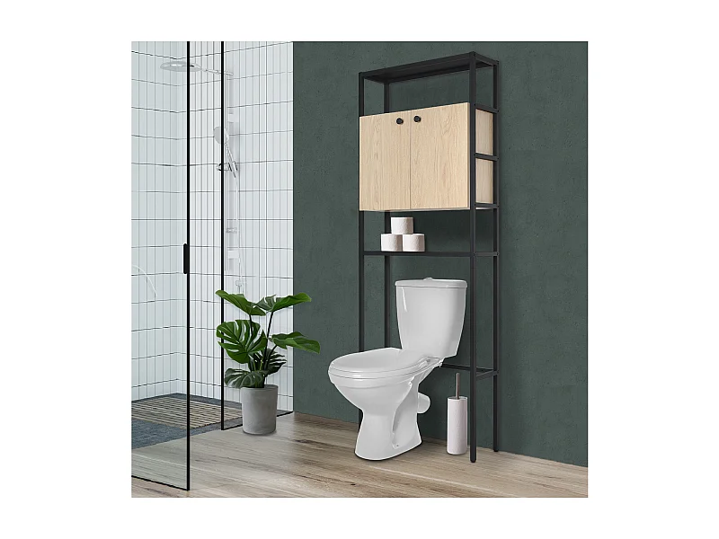 Etagère pont WC bois et métal noir - avec rangement fermé - 180x66cm