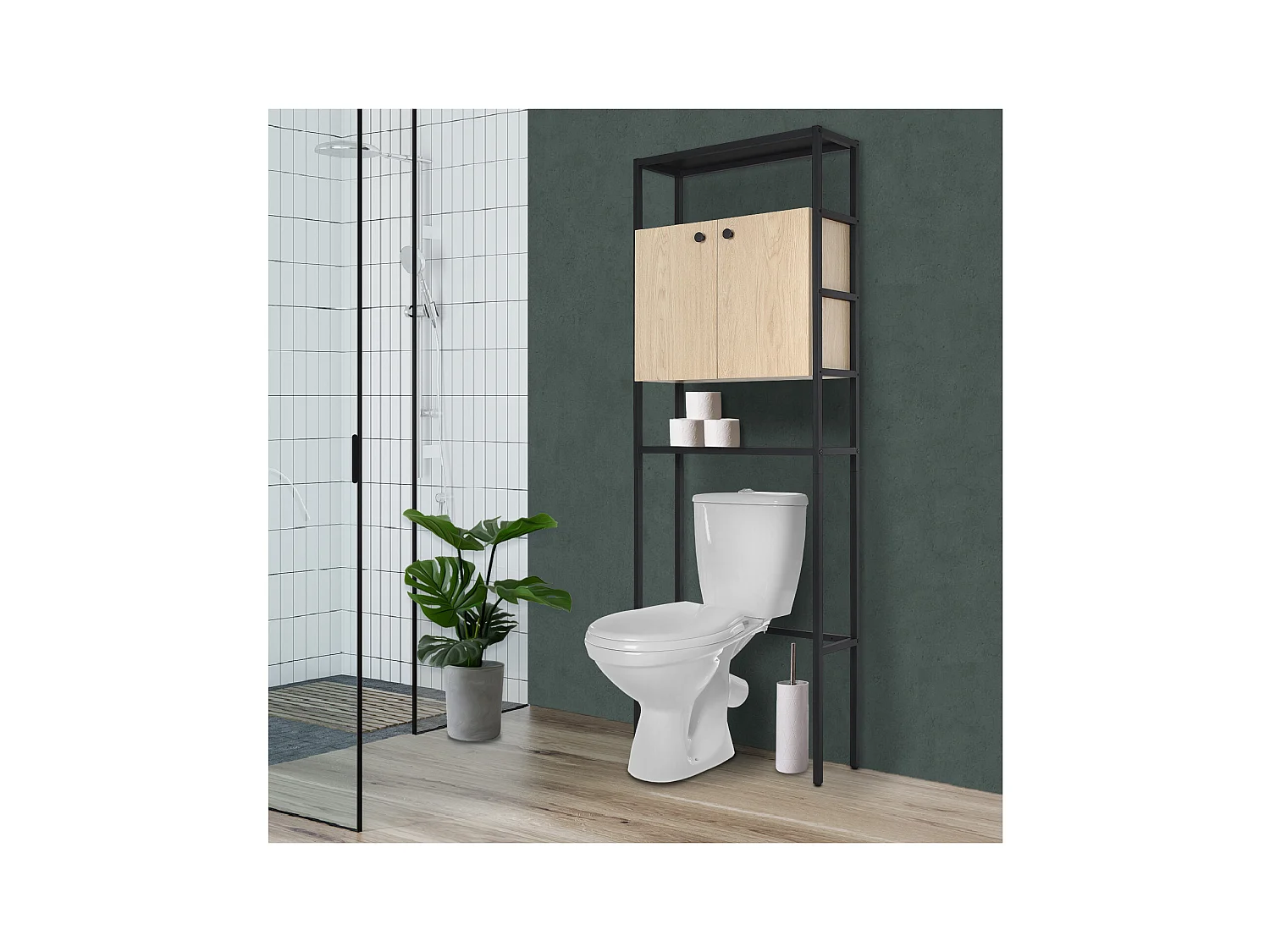 Etagère pont WC bois et métal noir - avec rangement fermé - 180x66cm