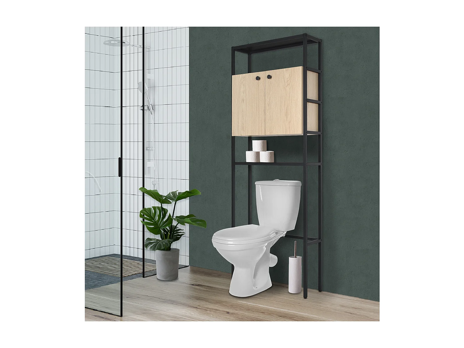 Etagère pont WC bois et métal noir - avec rangement fermé - 180x66cm