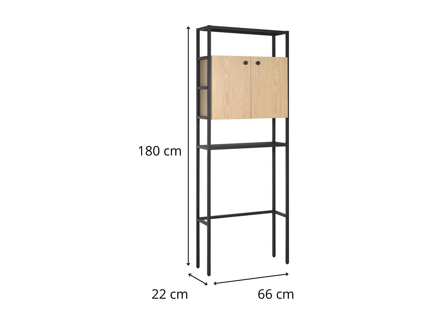 Etagère pont WC bois et métal noir - avec rangement fermé - 180x66cm