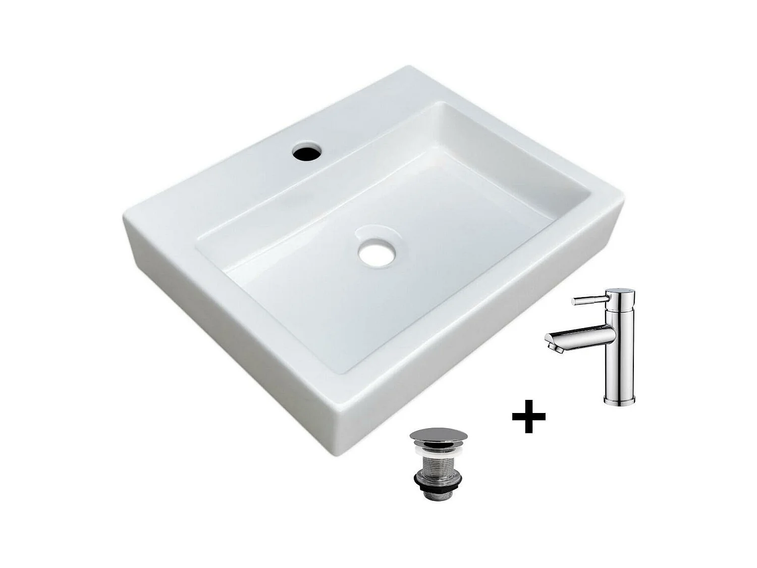 Vasque à poser rectangulaire 48x38cm + robinet et bonde chromés