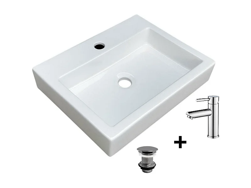 Vasque à poser rectangulaire 48x38cm + robinet et bonde chromés