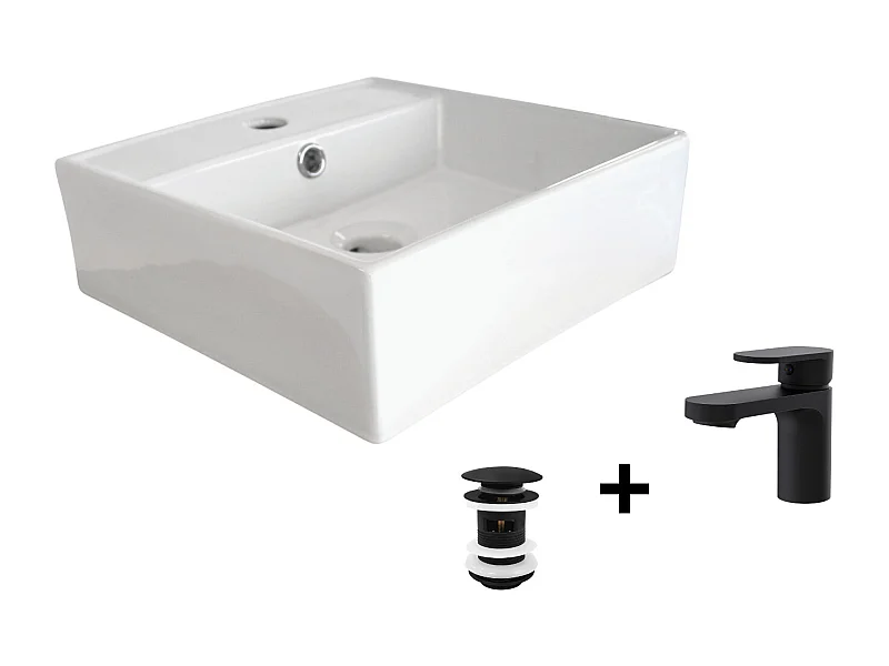 Lavabo da appoggio quadrato NINO + rubinetto + scarico