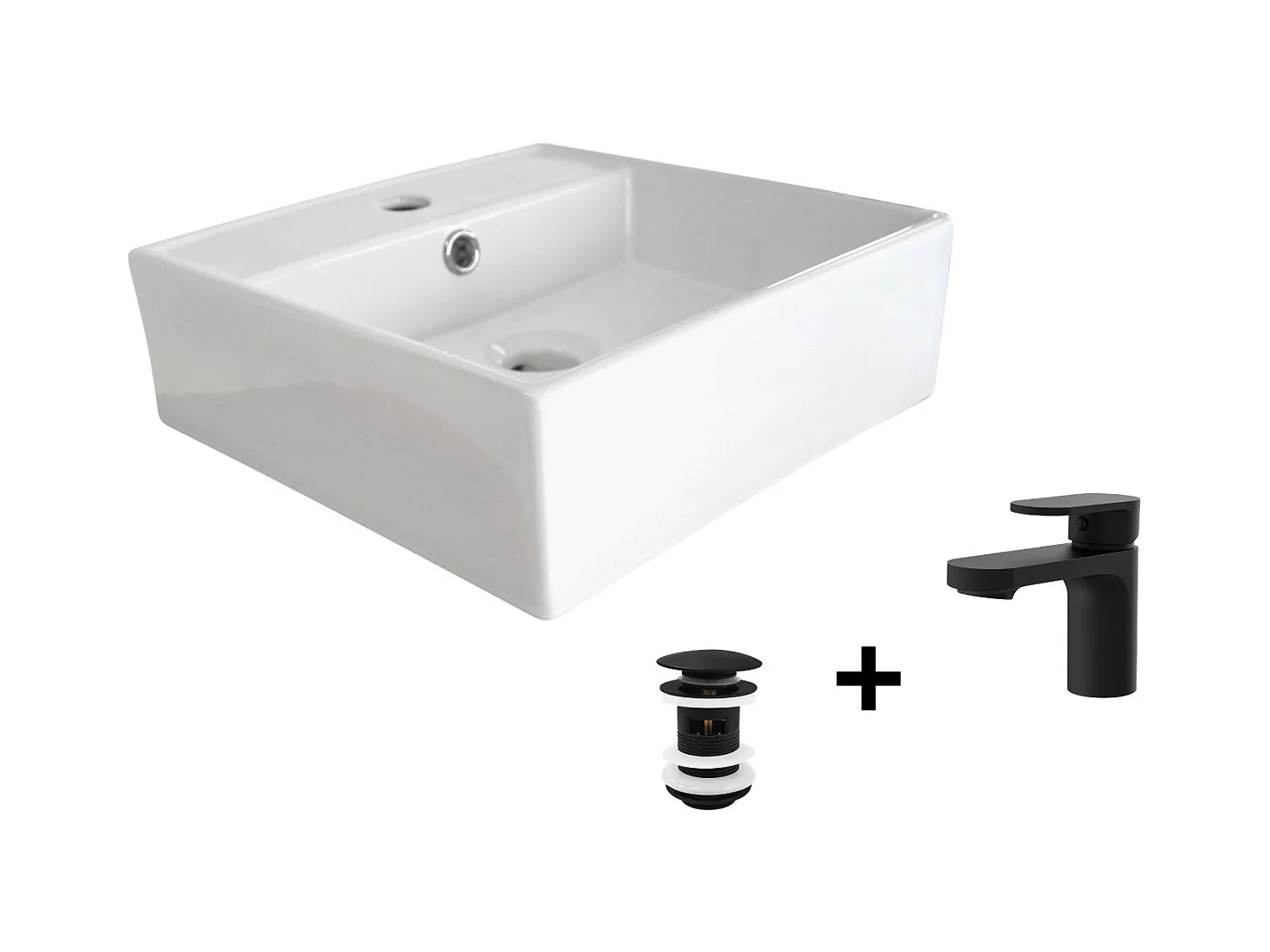 Lavabo cuadrado de apoyo + grifo + válvula NINO