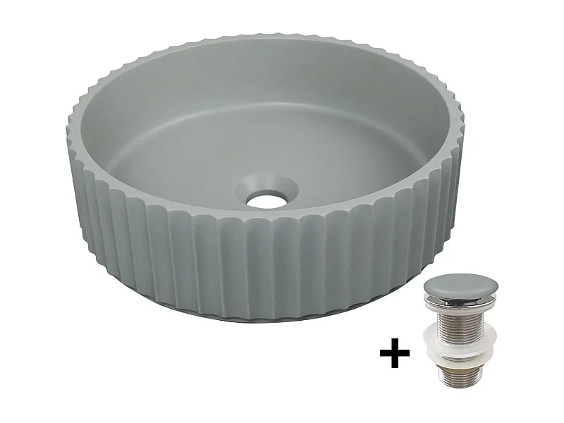 Vasque à poser ronde en béton structuré 39,8cm + bonde assortie