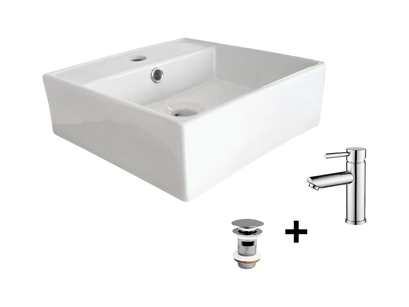 Lavabo cuadrado para colocar 38x38cm NINO + grifo + válvula