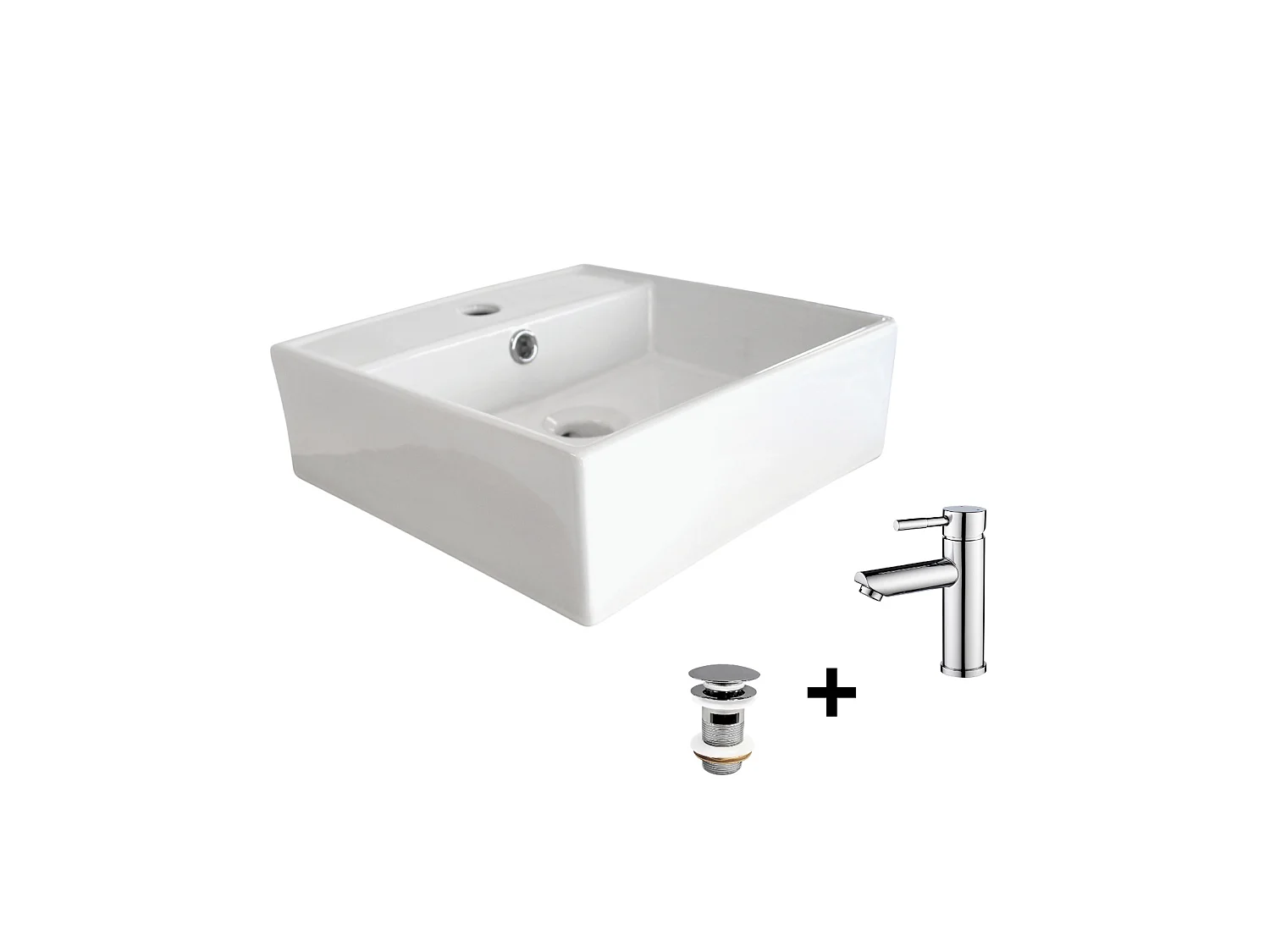 NINO 38x38cm quadratisches Aufsatzwaschbecken + Wasserhahn + Abfluss