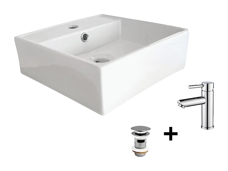 Lavabo cuadrado para colocar 38x38cm NINO + grifo + válvula