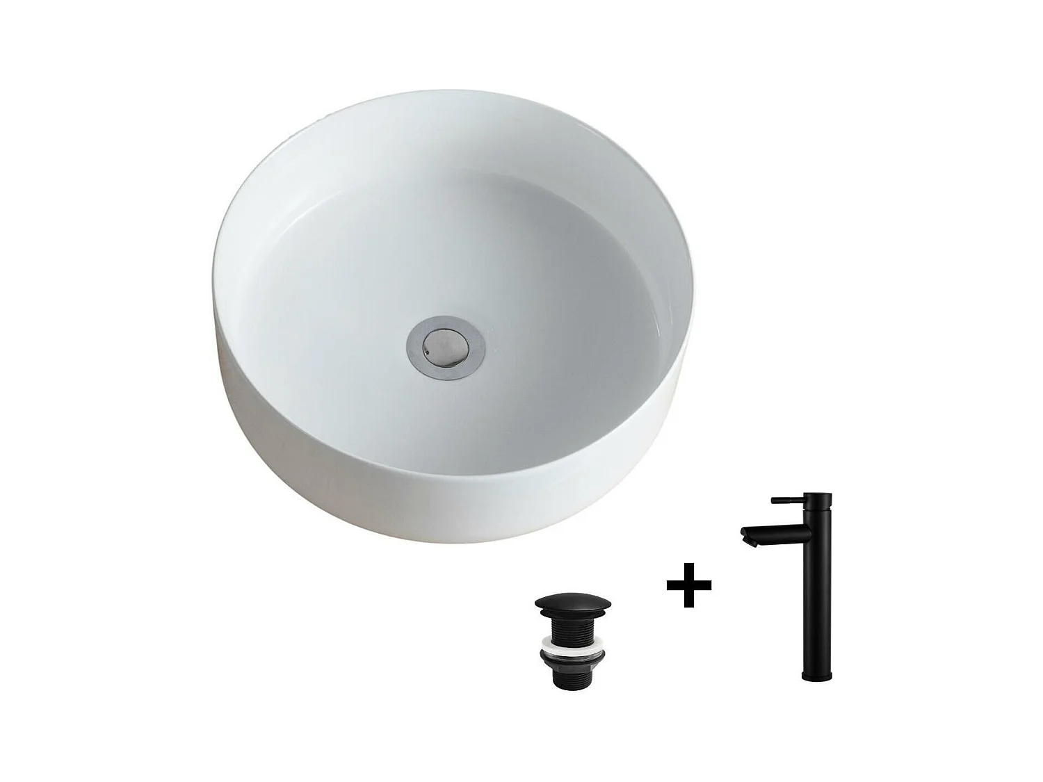 Vasque à poser ronde 36x36cm + robinet et bonde noirs