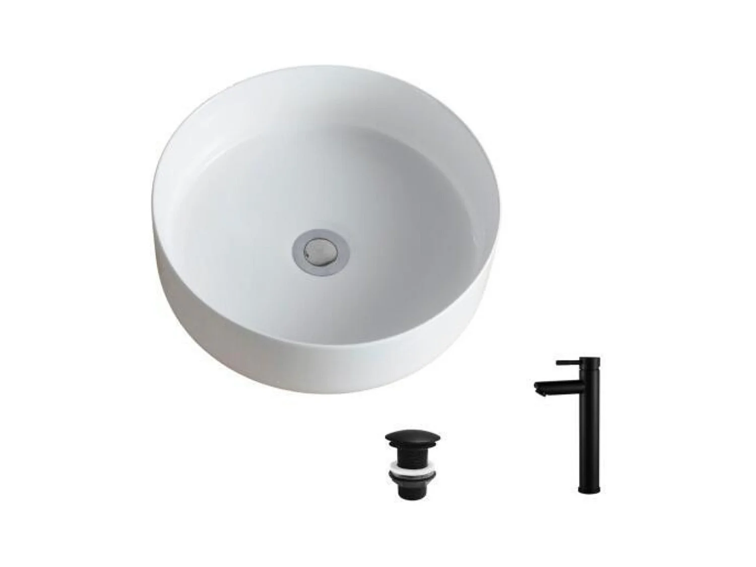 Vasque à poser ronde 36x36cm + robinet et bonde noirs