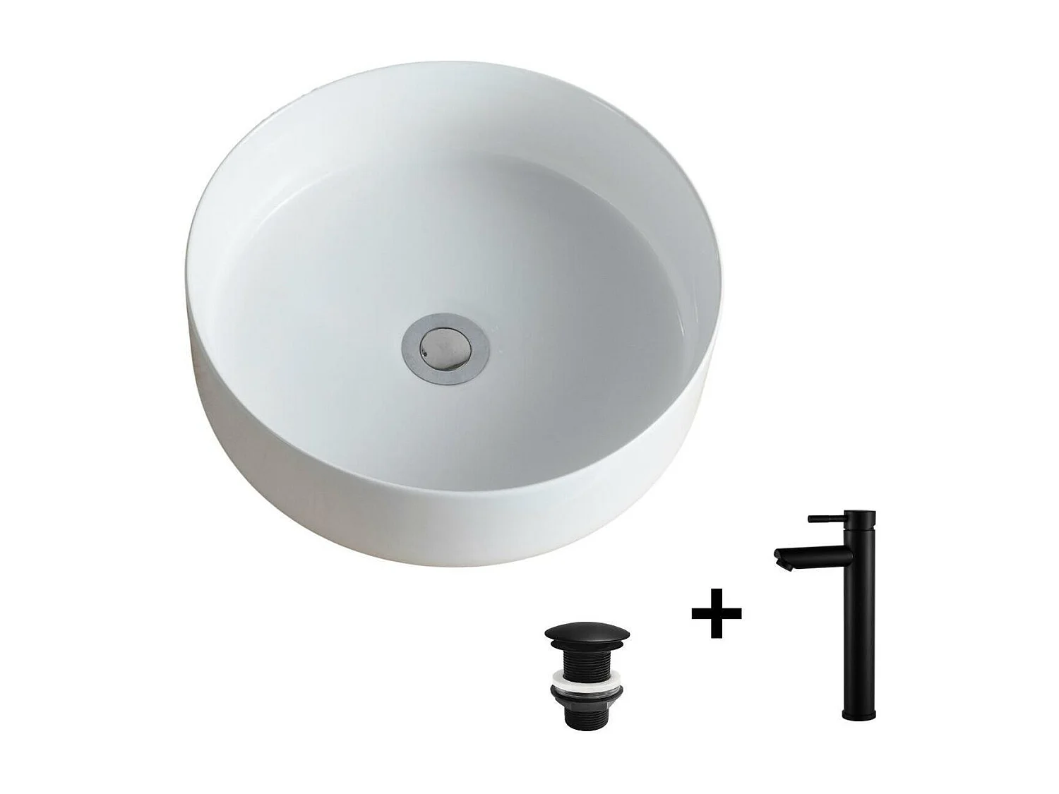 Rundes Aufsatzwaschbecken 36x36cm + Wasserhahn + DIEGO-Ablaufgarnitur
