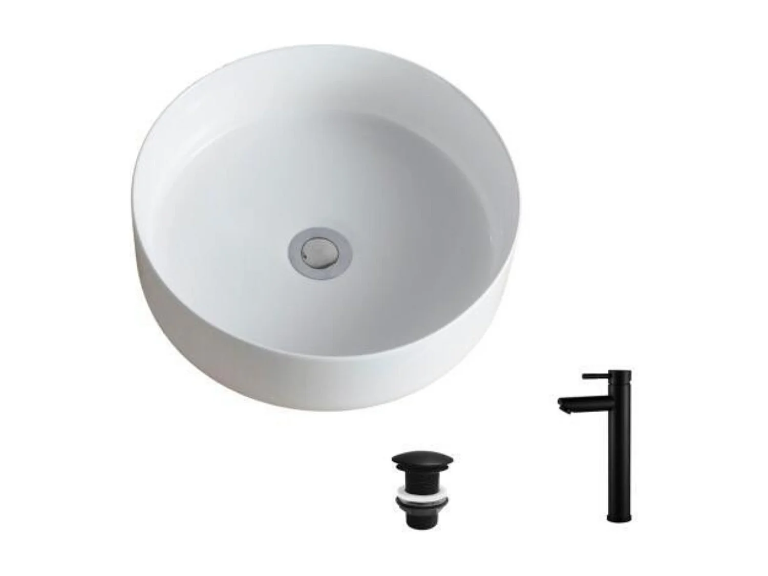 Rundes Aufsatzwaschbecken 36x36cm + Wasserhahn + DIEGO-Ablaufgarnitur