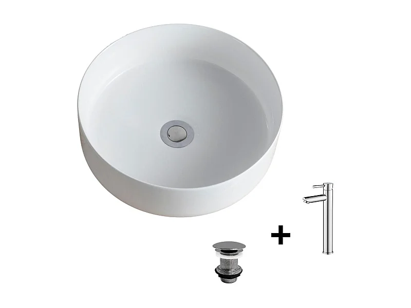 Ronde opzetwastafel 36x36cm + kraan + DIEGO afvoer