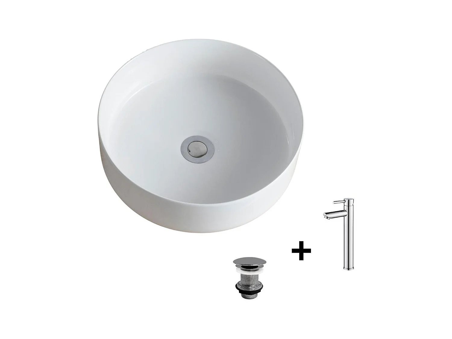 Ronde opzetwastafel 36x36cm + kraan + DIEGO afvoer