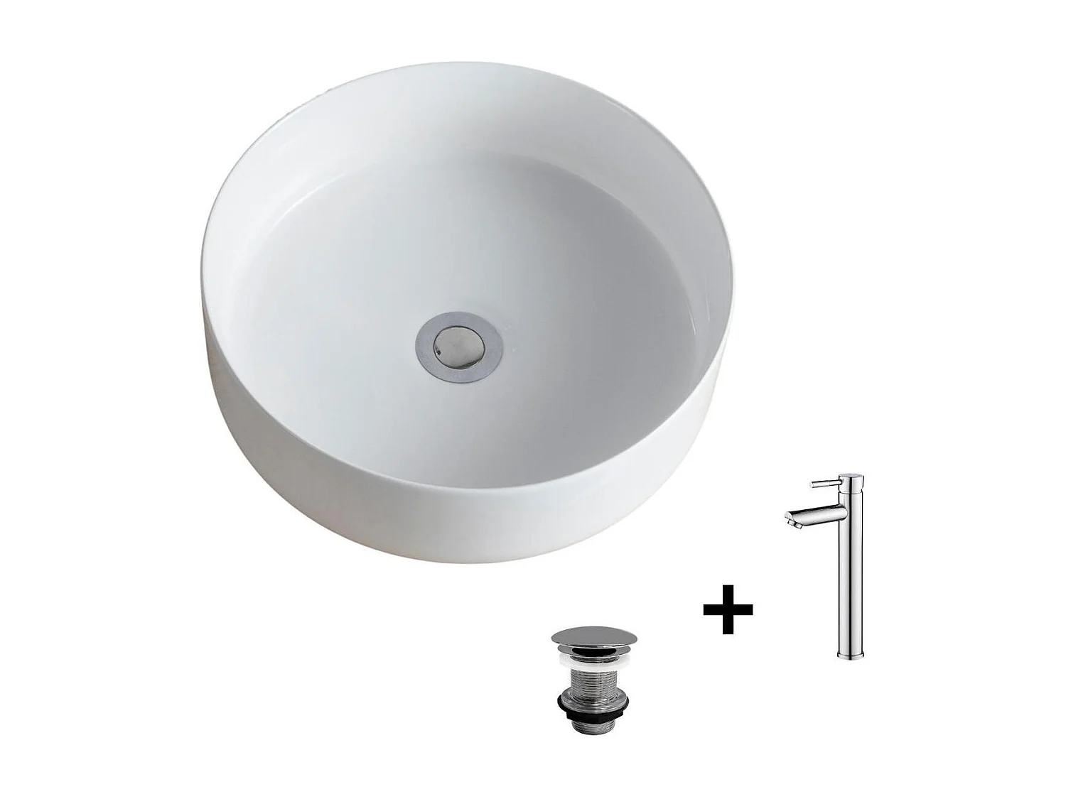 Ronde opzetwastafel 36x36cm + kraan + DIEGO afvoer