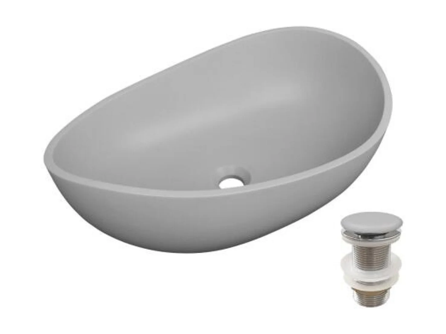 Organische opzetwastafel in glad beton 57x37cm + IRIS afvoer