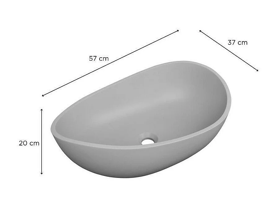 Organische opzetwastafel in glad beton 57x37cm + IRIS afvoer