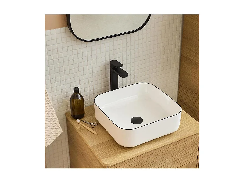 ALIX 37 cm quadratisches Aufsatzwaschbecken aus weißer Keramik mit schwarzem Rand