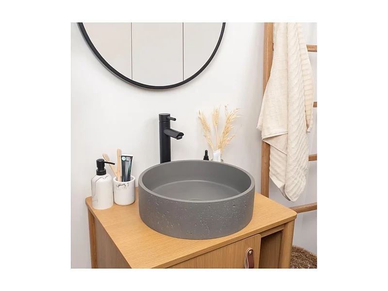 Lavabo sobre encimera redondo SANDY de 39 cm en cemento travertino gris