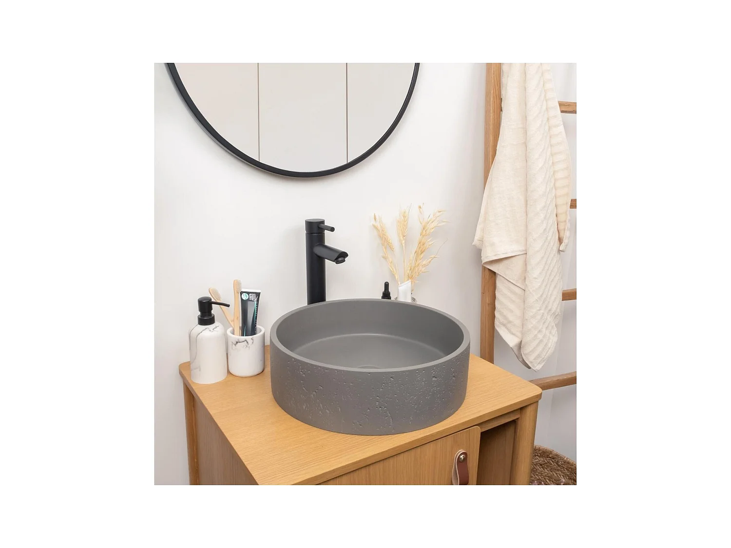 Lavabo sobre encimera redondo SANDY de 39 cm en cemento travertino gris