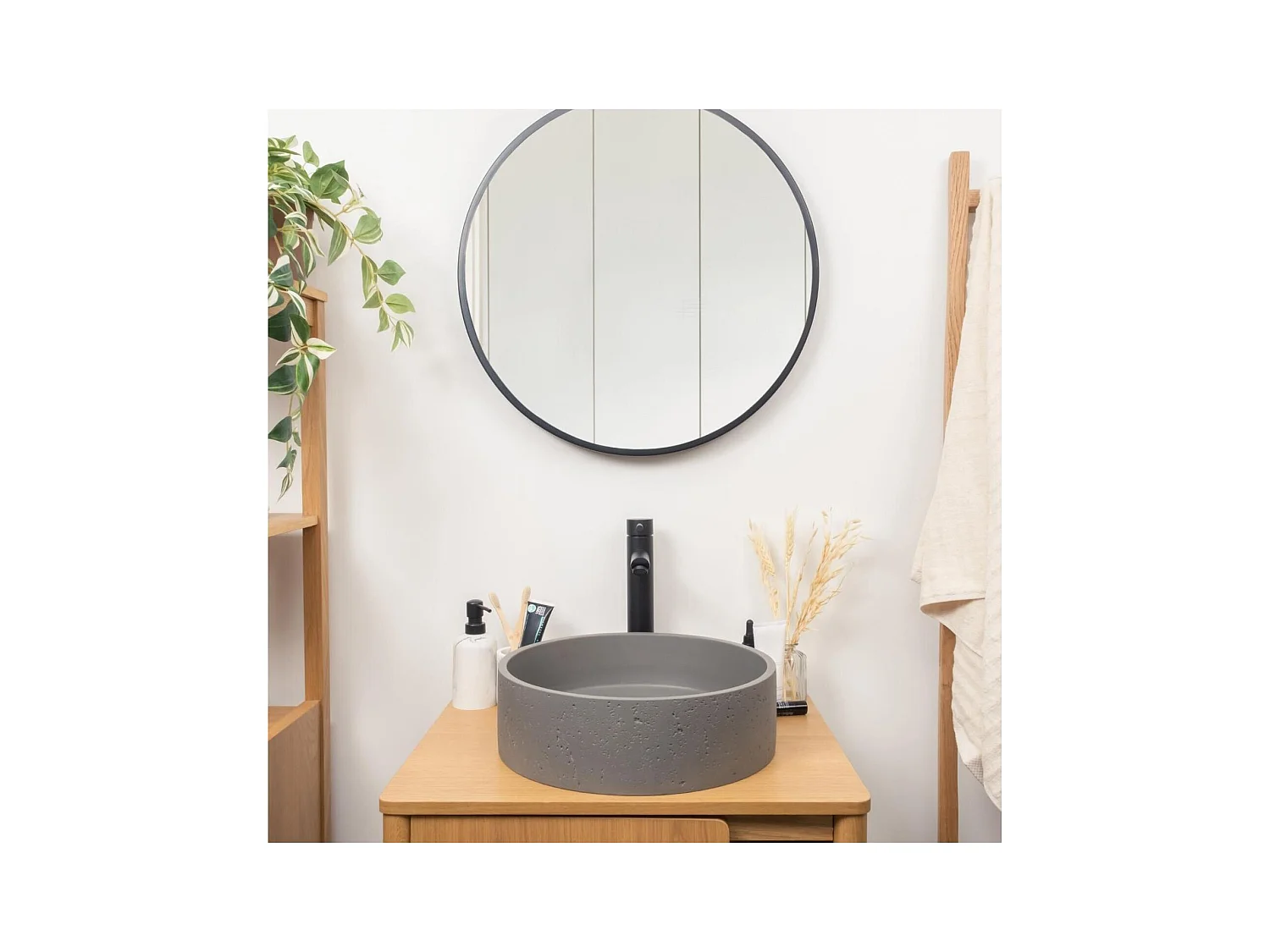 Lavabo sobre encimera redondo SANDY de 39 cm en cemento travertino gris