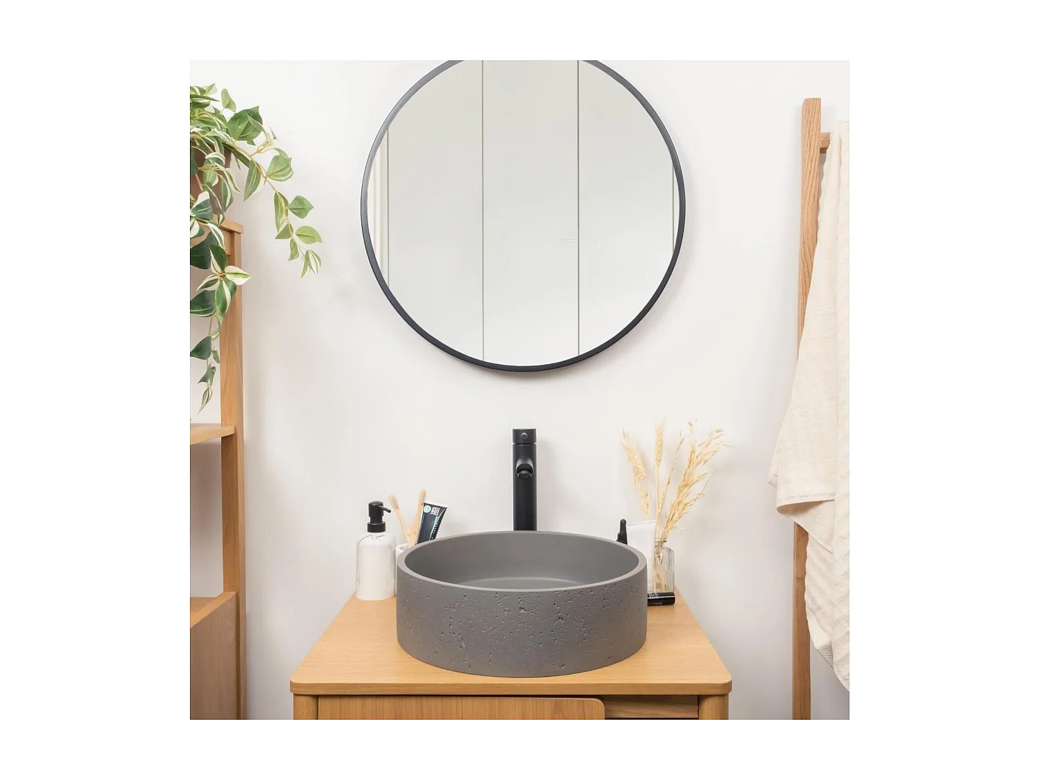 SANDY 39 cm rundes Aufsatzwaschbecken aus grauem Travertinbeton