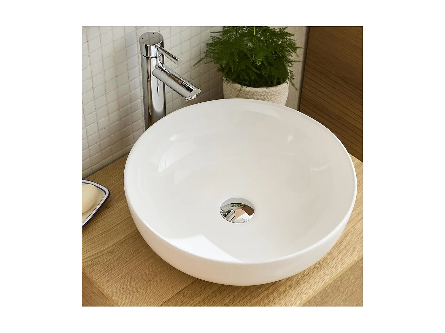SACHA 42 cm rundes Aufsatzwaschbecken aus weißer Keramik