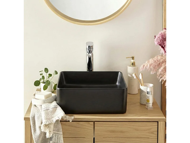 Lavabo sobre encimera de cerámica negra cuadrada COMA de 36,5 cm