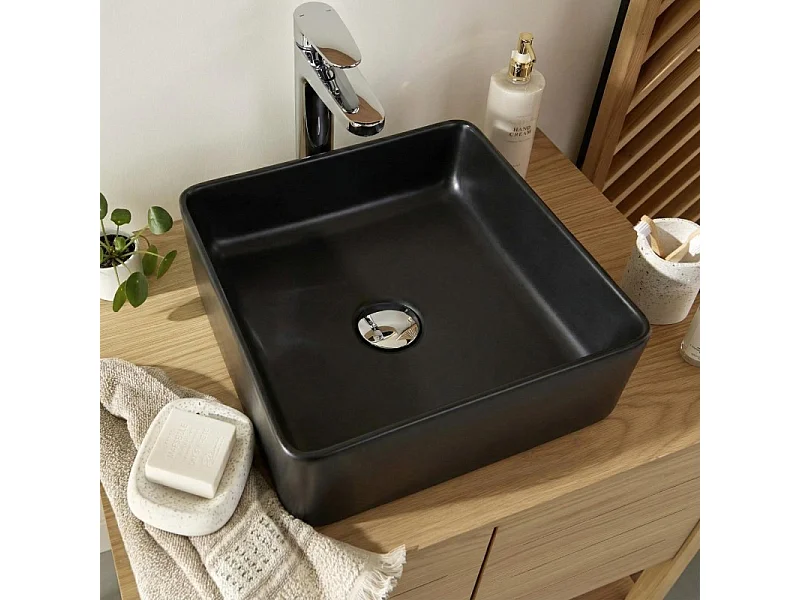 Lavabo sobre encimera de cerámica negra cuadrada COMA de 36,5 cm