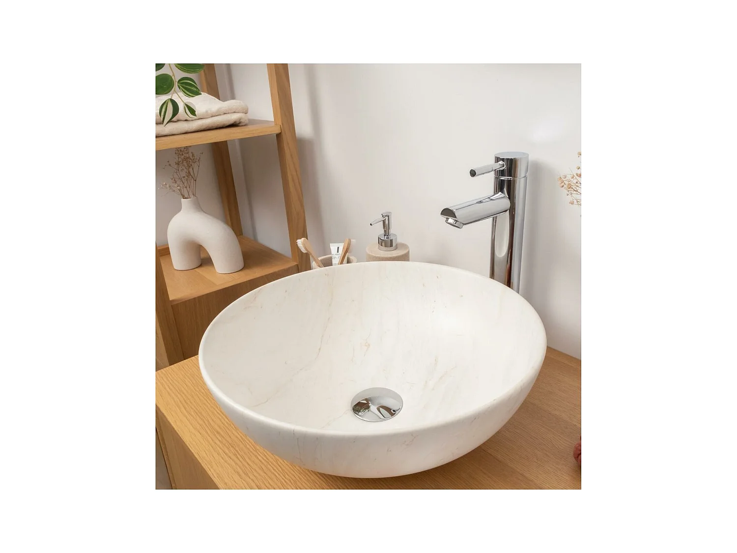 ROMA 39,5 cm rundes Aufsatzwaschbecken aus Keramik mit beigem Marmoreffekt