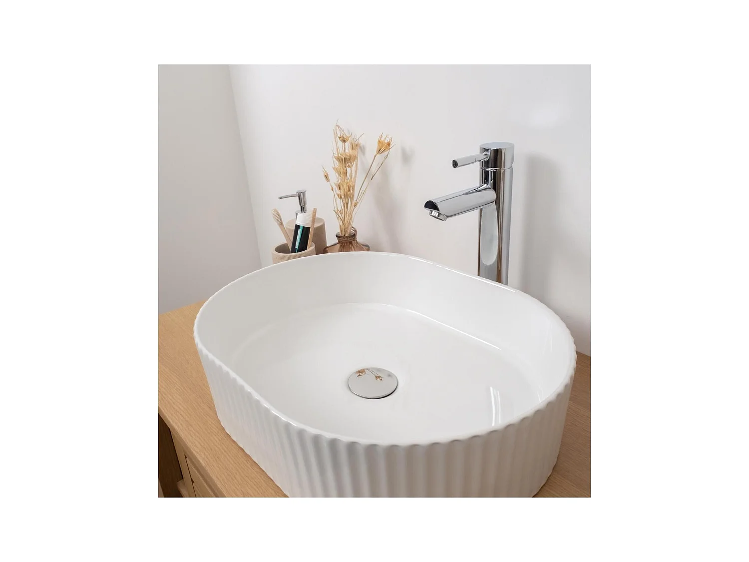 ENA 49x36,5cm ovales Aufsatzwaschbecken aus weißer strukturierter Keramik