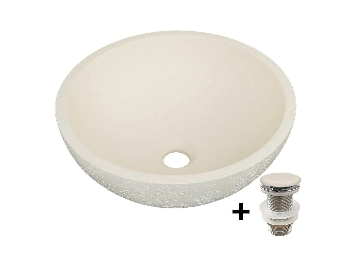 Aufsatzwaschbecken aus Travertinbeton 36,2x36,2cm FLORE + JAMES Abfluss