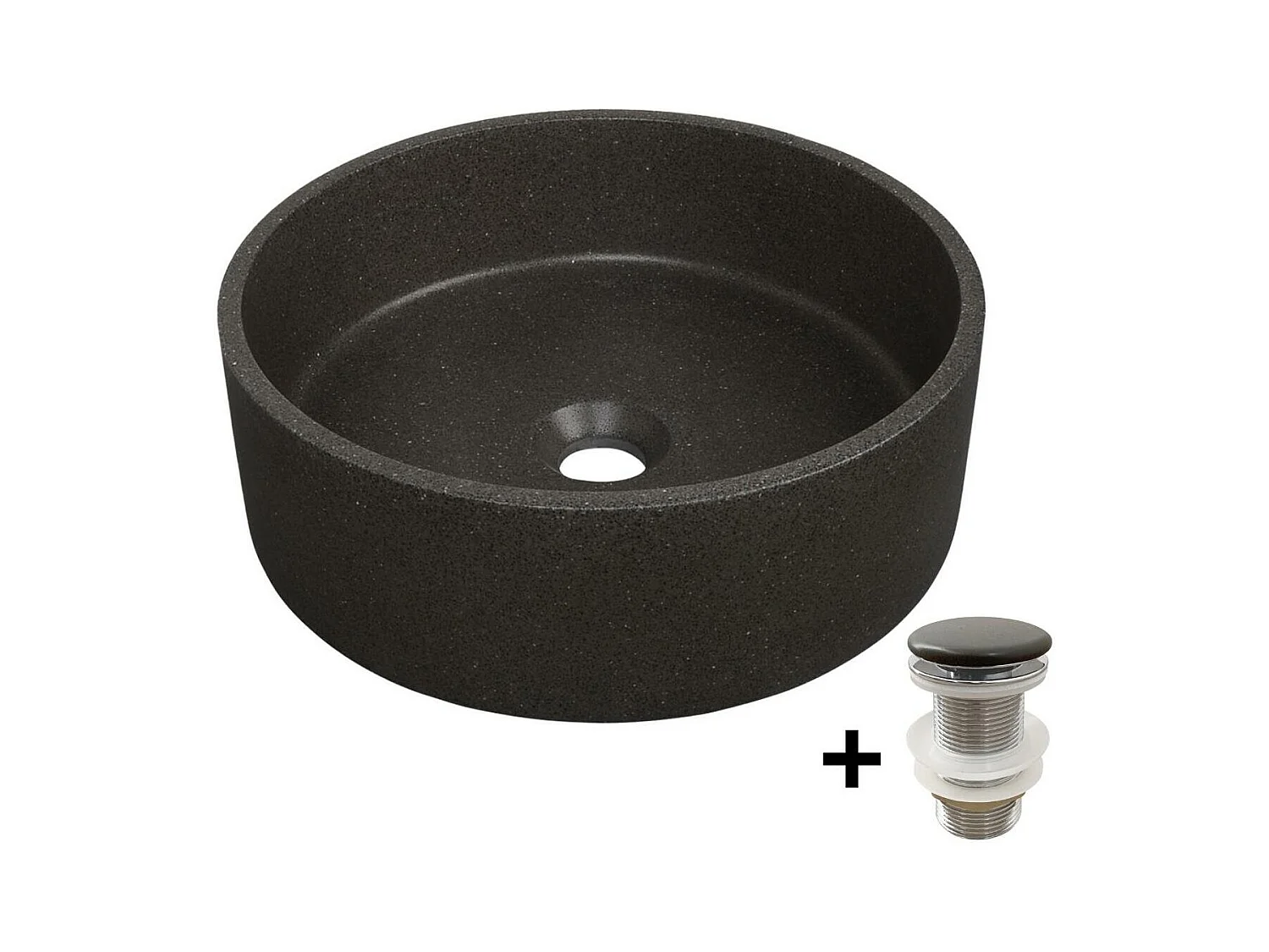 Rundes Aufsatzwaschbecken aus Steinzeug SANDY + Ablaufgarnitur JAMES