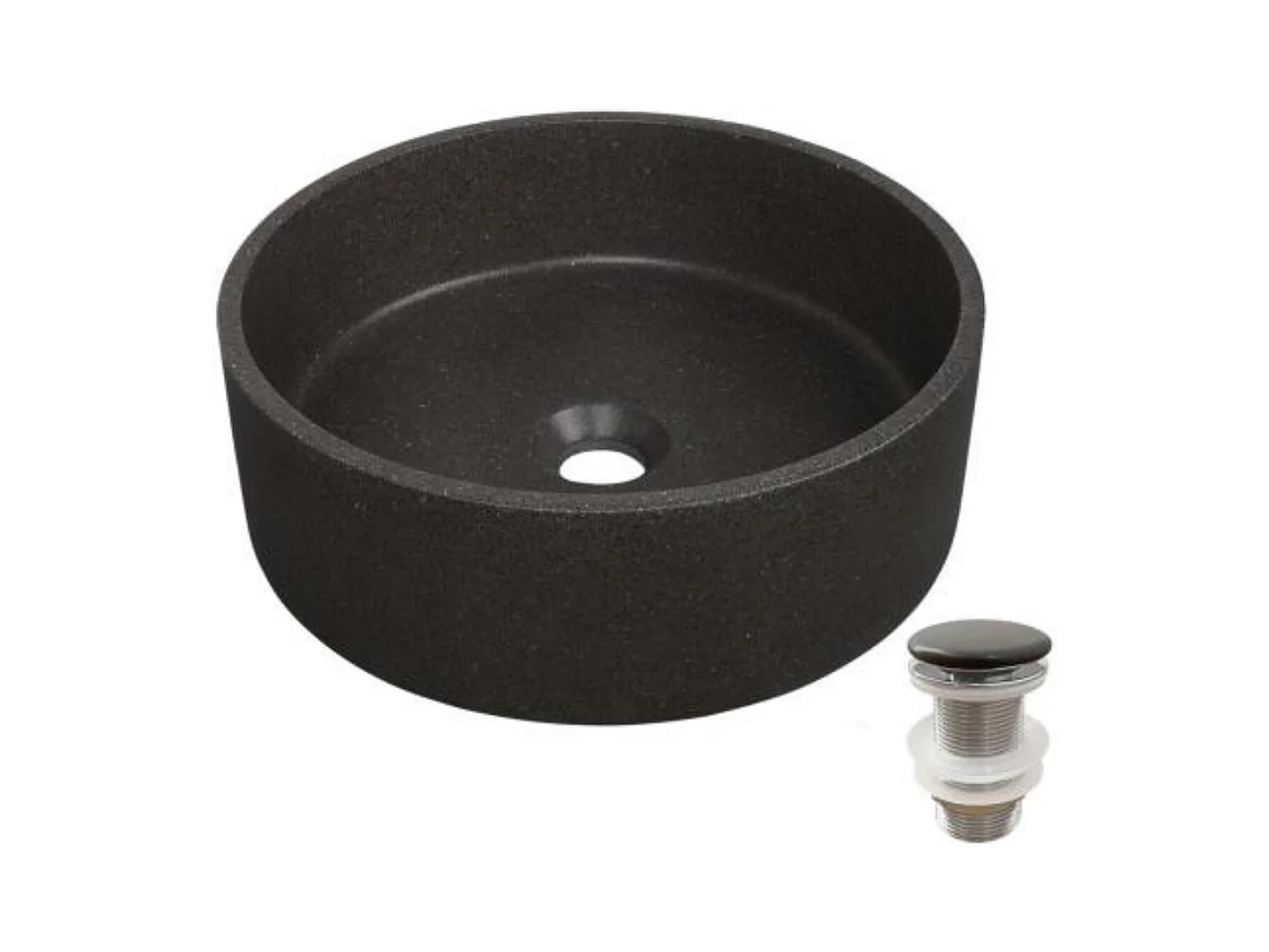 Rundes Aufsatzwaschbecken aus Steinzeug SANDY + Ablaufgarnitur JAMES
