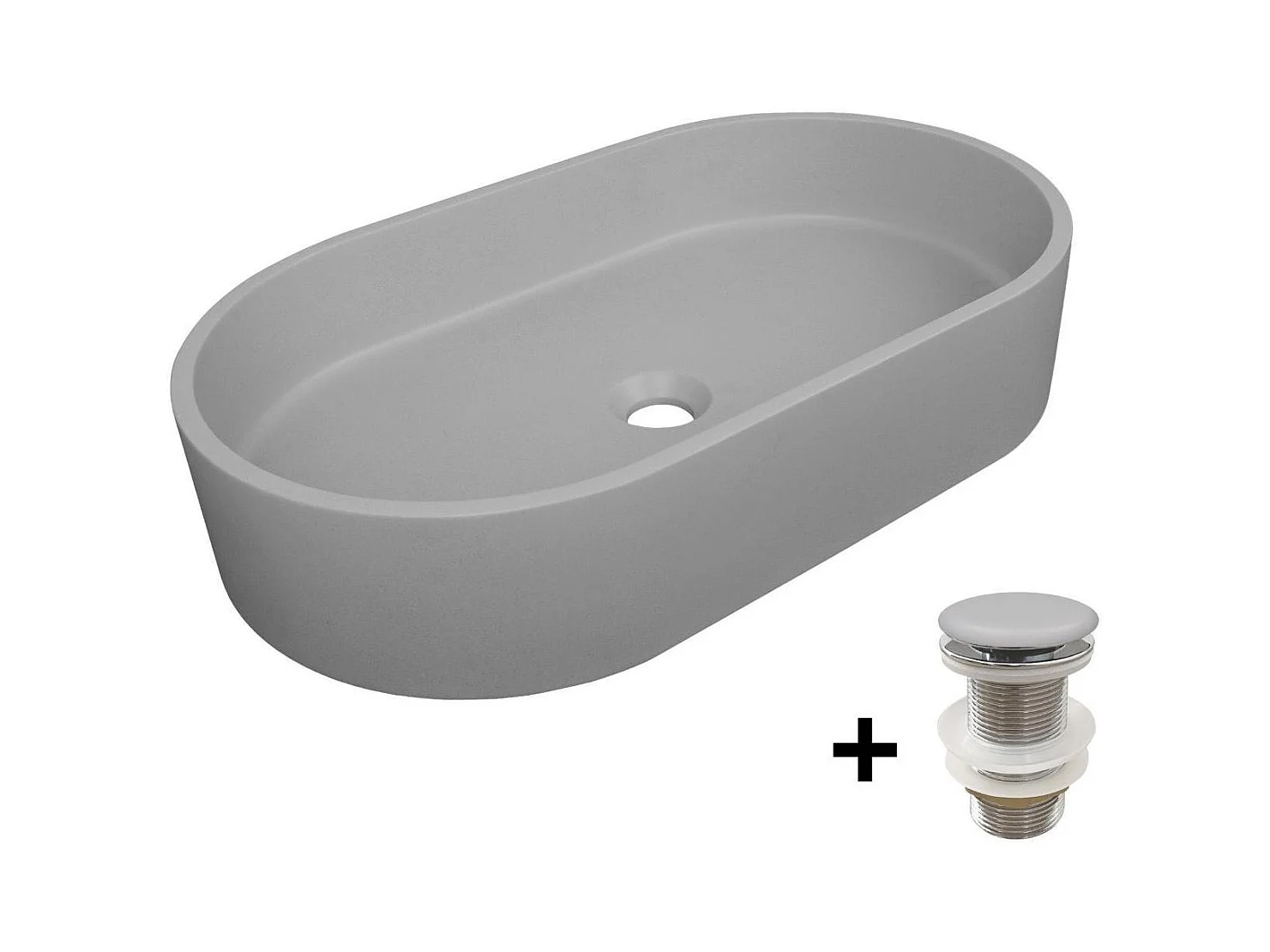 Ovales Aufsatzwaschbecken aus glattem Beton 60x35cm + ALAN-Ablaufgarnitur