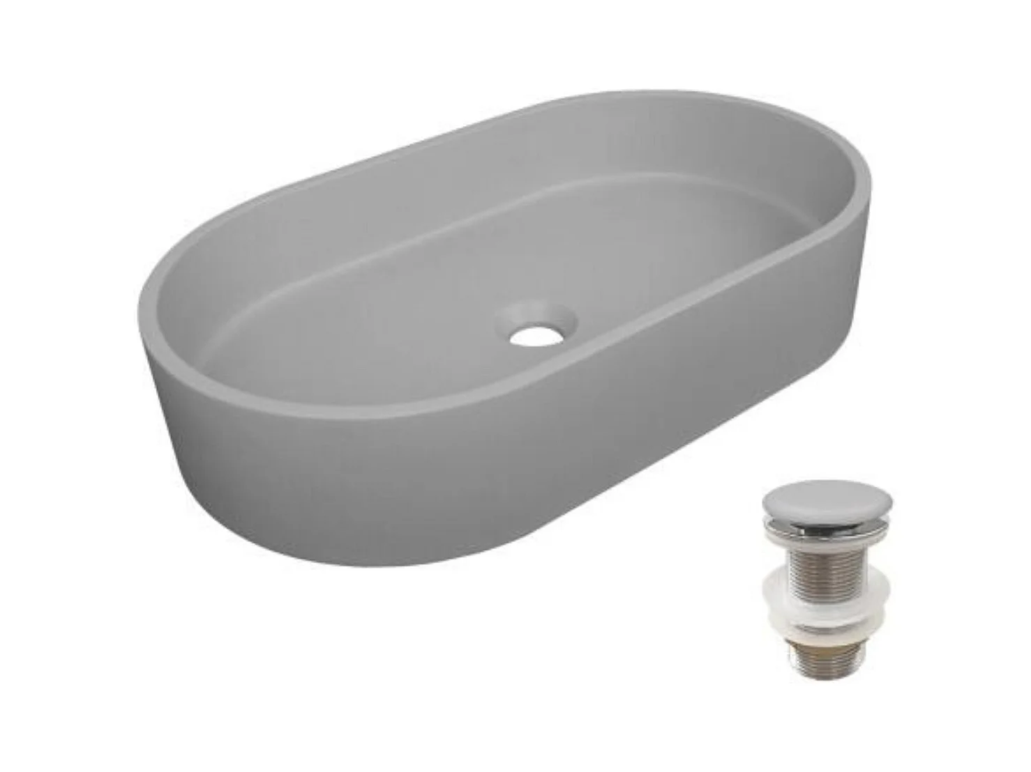 Ovales Aufsatzwaschbecken aus glattem Beton 60x35cm + ALAN-Ablaufgarnitur