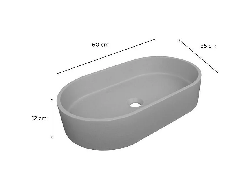 Ovales Aufsatzwaschbecken aus glattem Beton 60x35cm + ALAN-Ablaufgarnitur