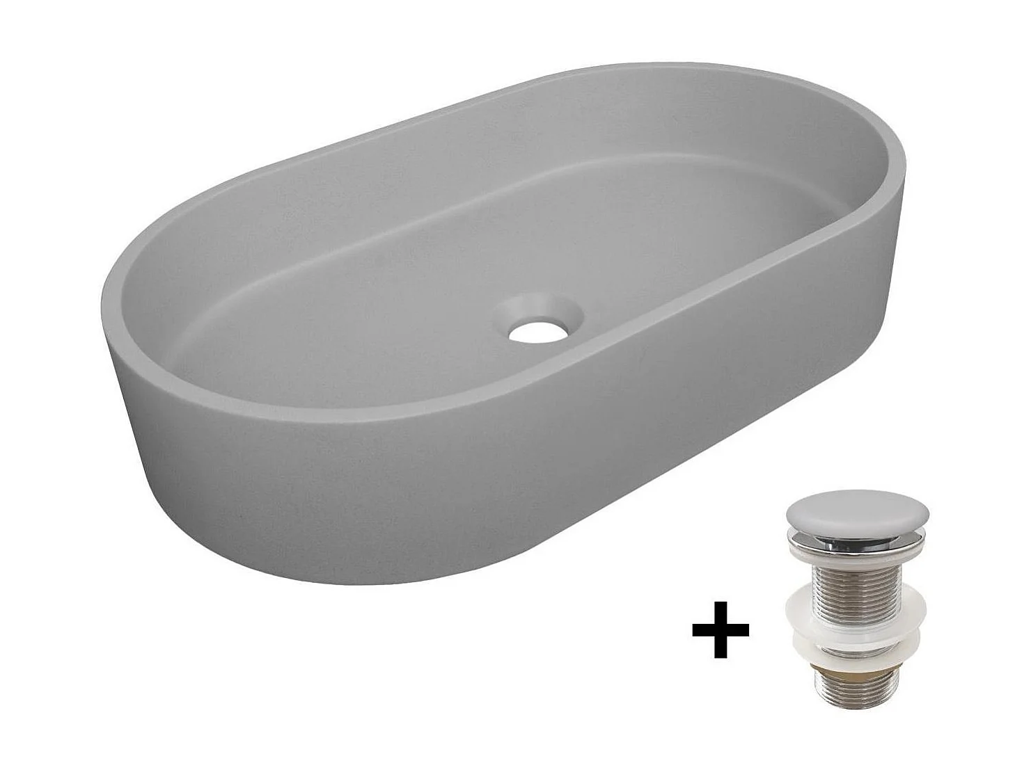 Ovale opzetwastafel in glad beton 60x35cm + ALAN-afvoer
