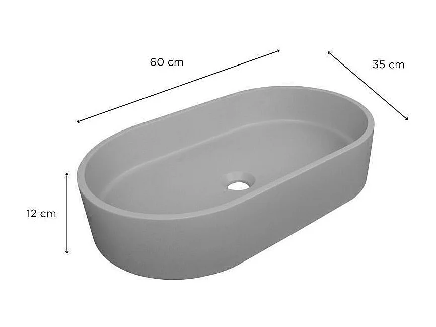 Ovale opzetwastafel in glad beton 60x35cm + ALAN-afvoer