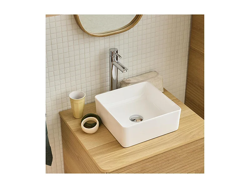 AONI 30 cm quadratisches Aufsatzwaschbecken aus weißer Keramik