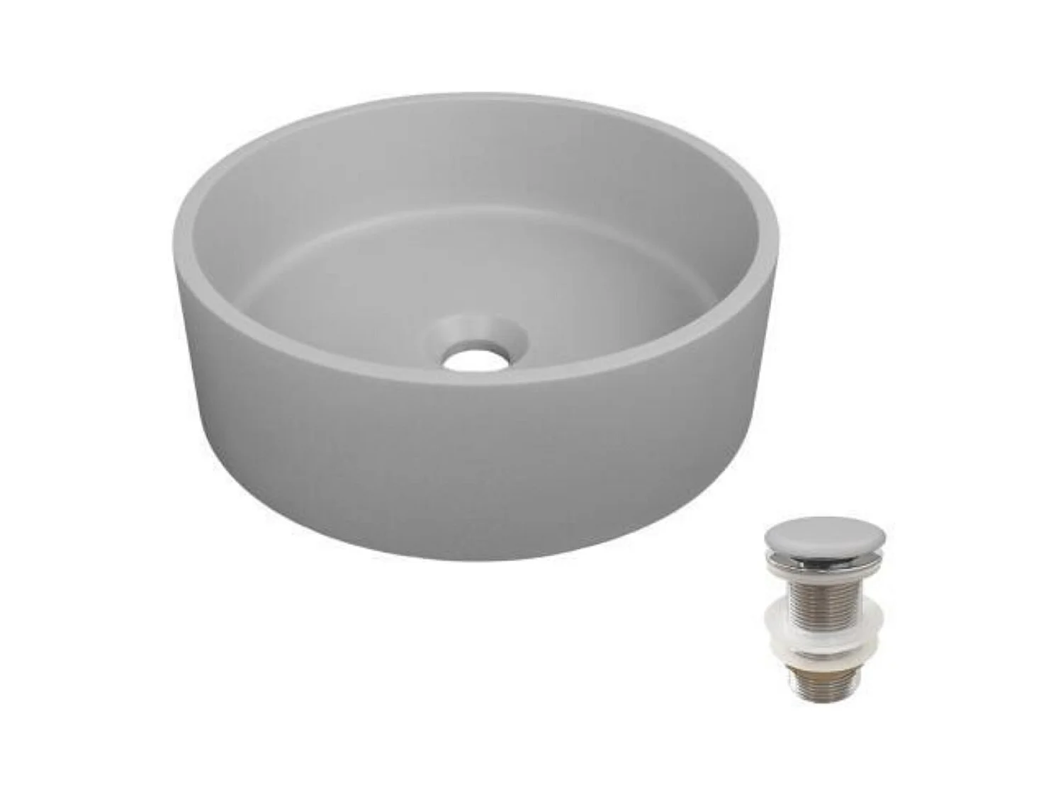 Rundes Aufsatzwaschbecken aus glattem Beton 36x36cm + ALAN-Ablaufgarnitur