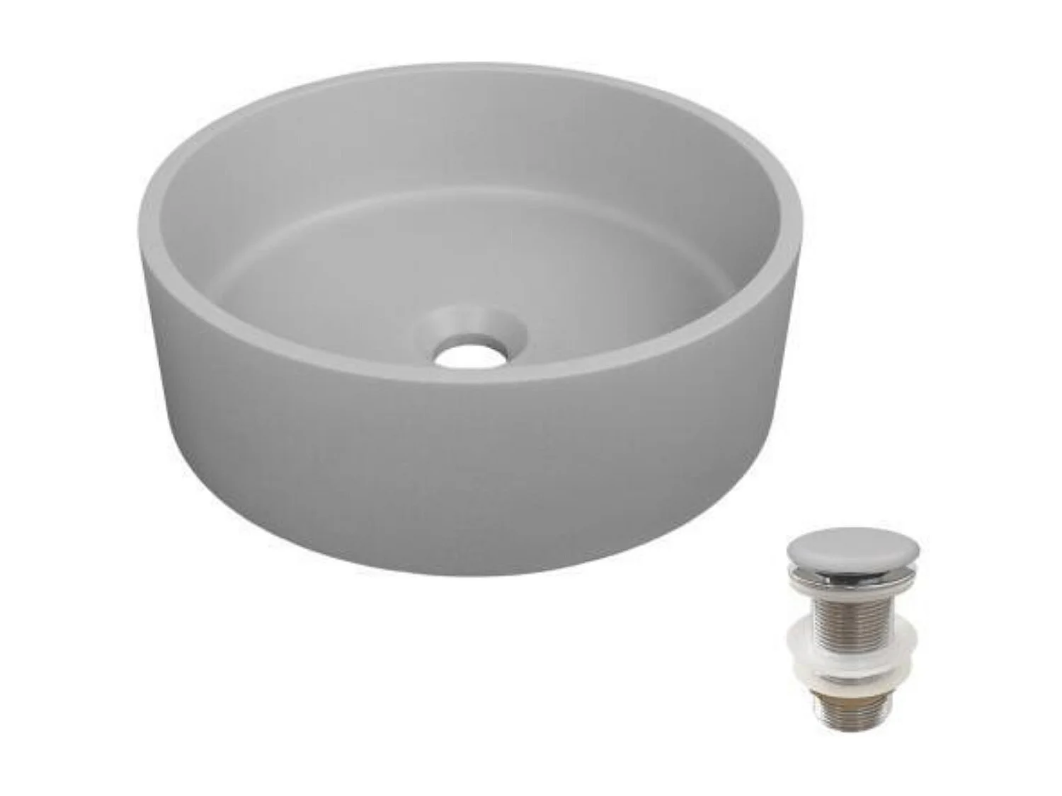 Ronde opzetwastafel in glad beton 36x36cm + ALAN-afvoer