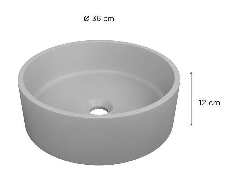 Ronde opzetwastafel in glad beton 36x36cm + ALAN-afvoer