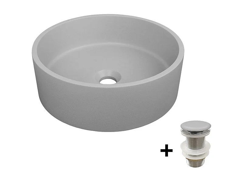 Rundes Aufsatzwaschbecken aus glattem Beton 36x36cm + ALAN-Ablaufgarnitur